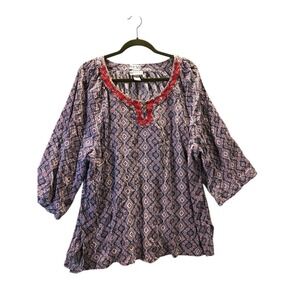 Catherines 1X Shirt Top Boho Print  Round Neck Tunic 3/4 Sleeve Woman Y2K